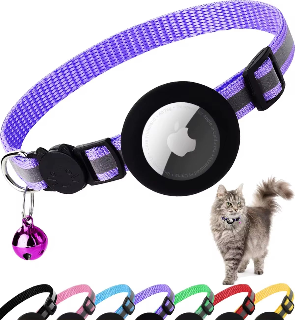 Breakaway Cat Collar with Reflective Features and Apple AirTag Holder, Includes Bell - Suitable for Kittens and Adult Cats, 0.4 Inches