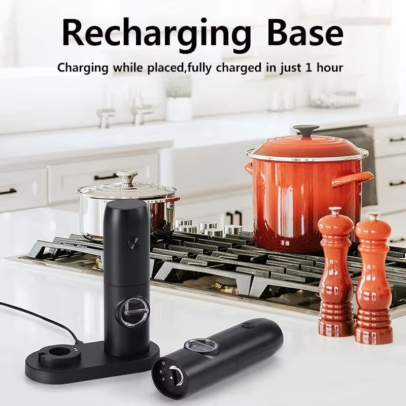 Electric Salt and Pepper Grinder Set with Charging Base, LED Light, and Adjustable Coarseness for Automatic Spice and Herb Milling