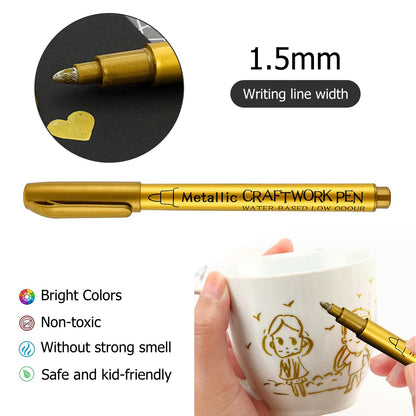 Metallic Marker Pen Set - 2 Quick Drying Permanent Oil-Based Markers in Gold & Silver for Stunning Art and Craft Projects