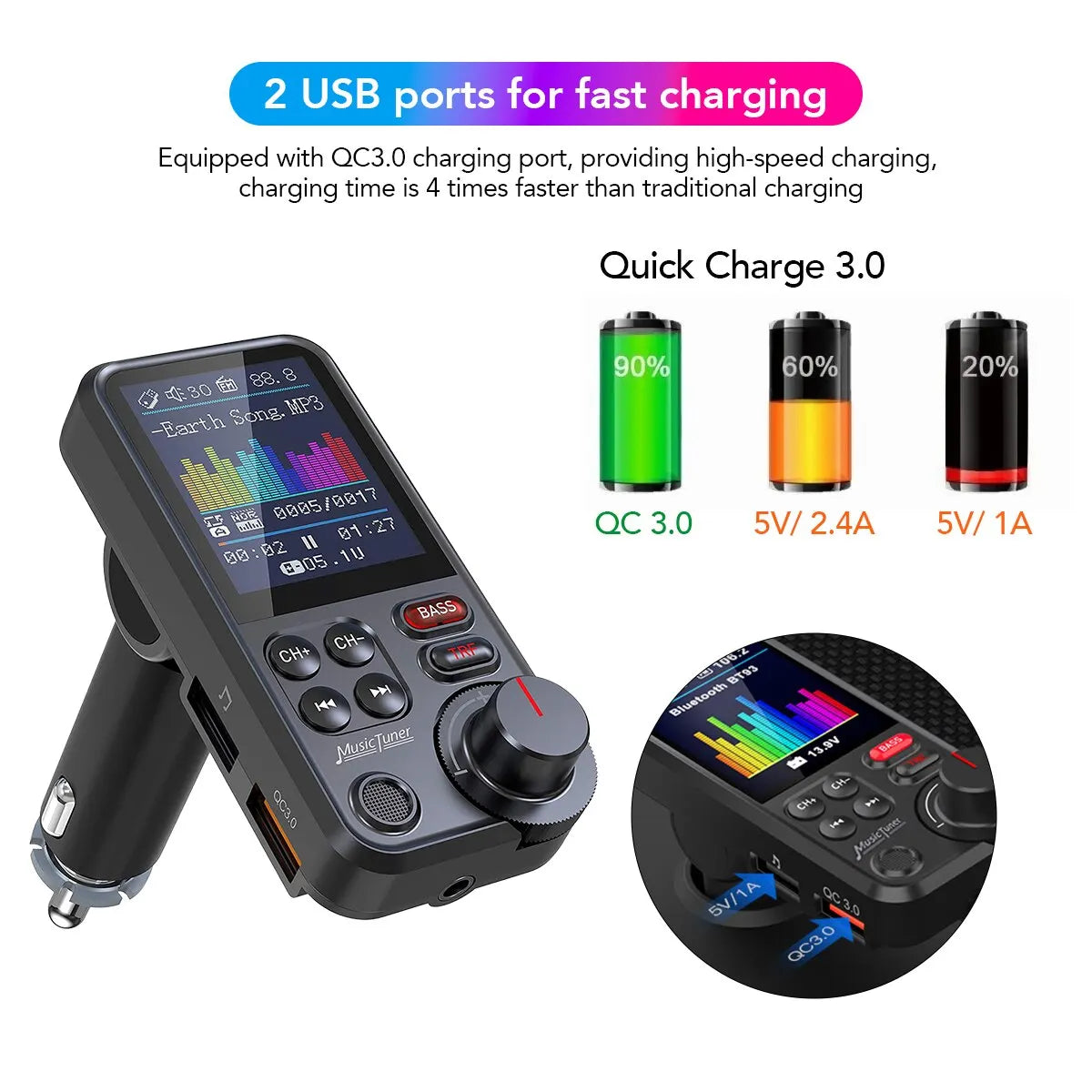 1.8" Wireless Bluetooth FM Transmitter with Quick Charge 3.0 and Superior Sound Quality