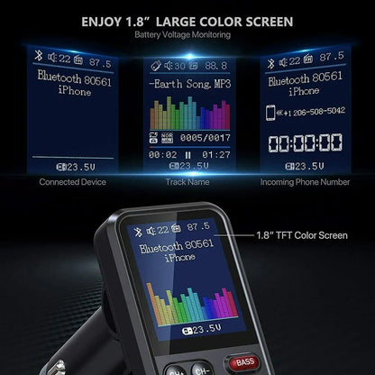 1.8" Wireless Bluetooth FM Transmitter with Quick Charge 3.0 and Superior Sound Quality
