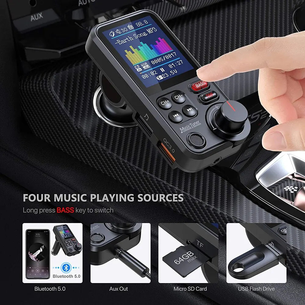 1.8" Wireless Bluetooth FM Transmitter with Quick Charge 3.0 and Superior Sound Quality