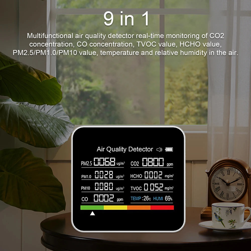 9-in-1 Comprehensive Air Quality Monitor with CO2, TVOC, HCHO, PM2.5, PM1.0, PM10, Temperature and Humidity Measurement