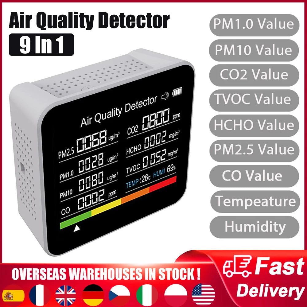 9-in-1 Comprehensive Air Quality Monitor with CO2, TVOC, HCHO, PM2.5, PM1.0, PM10, Temperature and Humidity Measurement