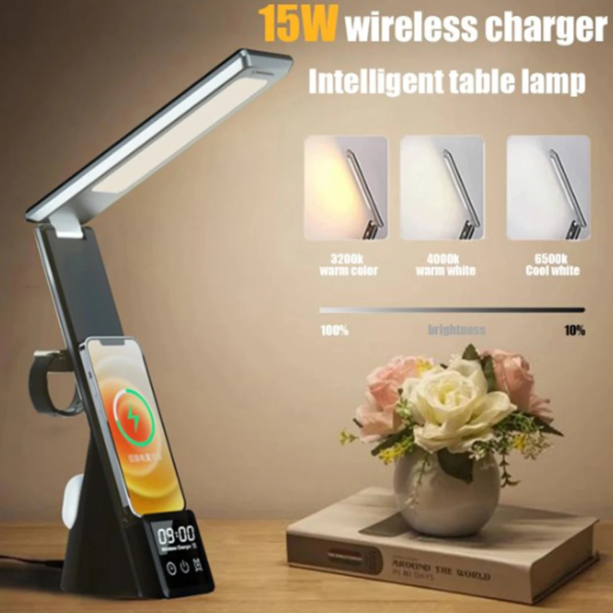 2024 3-in-1 15W Wireless Charger with LED Folding Table Lamp and Touch Clock, Compatible with iPhone 15, 14, 13, 12 Pro Max