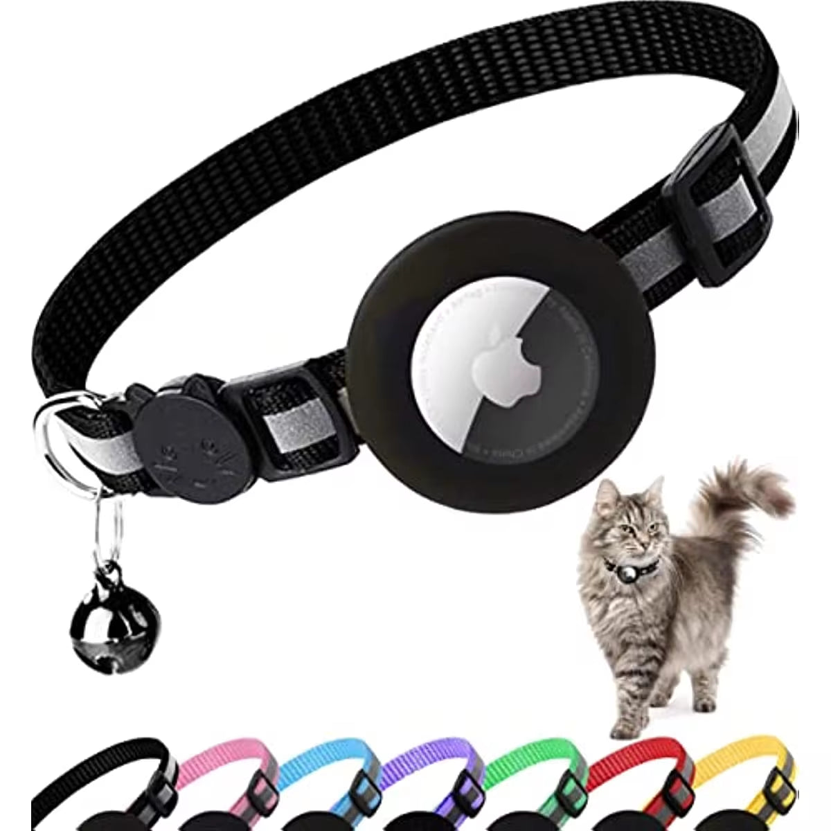 Breakaway Cat Collar with Reflective Features and Apple AirTag Holder, Includes Bell - Suitable for Kittens and Adult Cats, 0.4 Inches