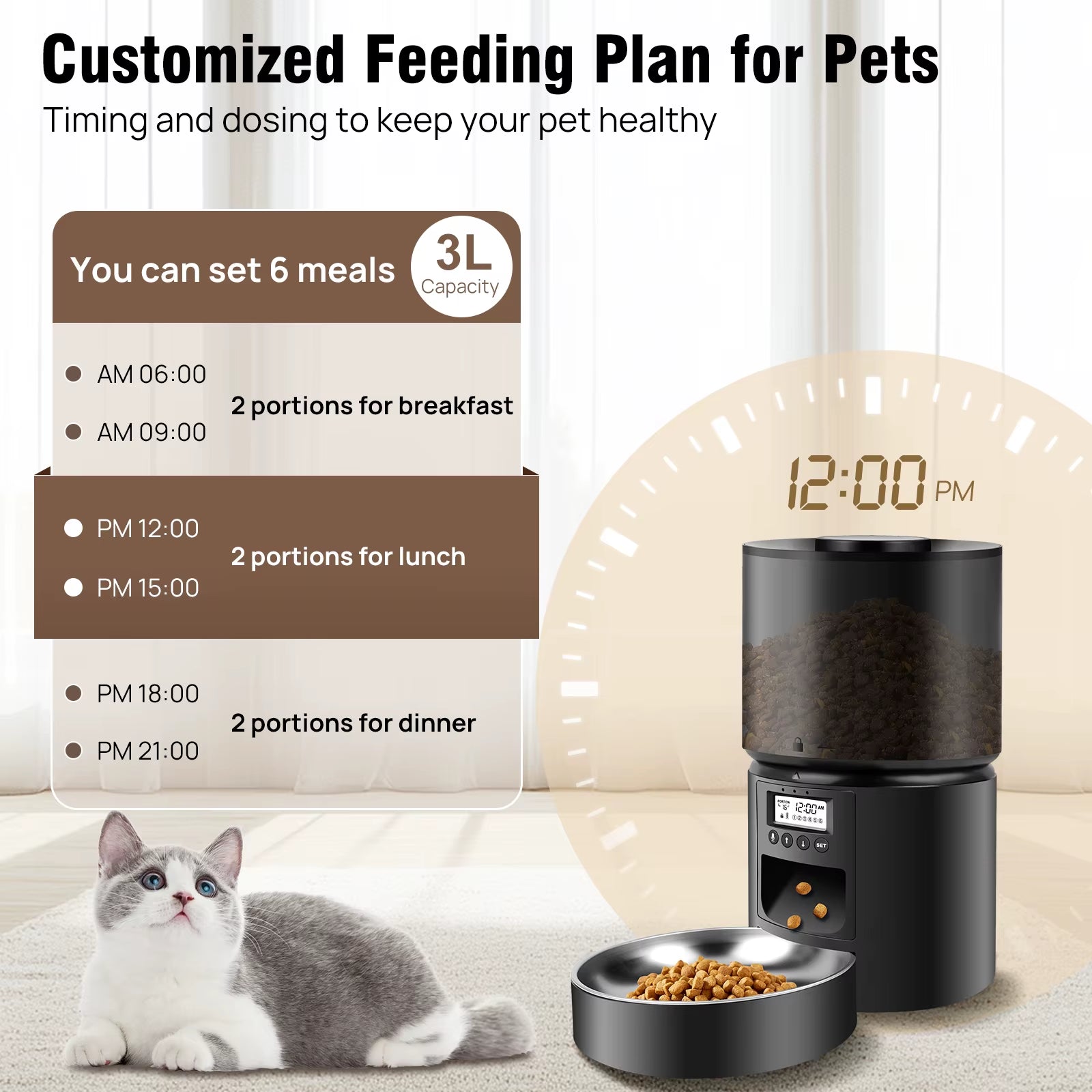 EFAN Automatic Cat Feeder - Cat Feeder with 1-6 Meals with Timer Cat Food Dispenser 3L Automatic Dog Feeder Including Desiccant