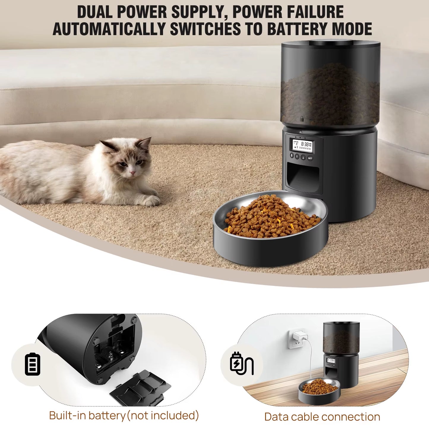 EFAN Automatic Cat Feeder - Cat Feeder with 1-6 Meals with Timer Cat Food Dispenser 3L Automatic Dog Feeder Including Desiccant