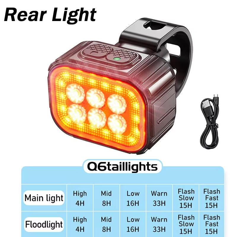 Bicycle Q6 LED Light Set - Rechargeable Front and Rear Lights for MTB and Road Bikes, Cycling Accessories