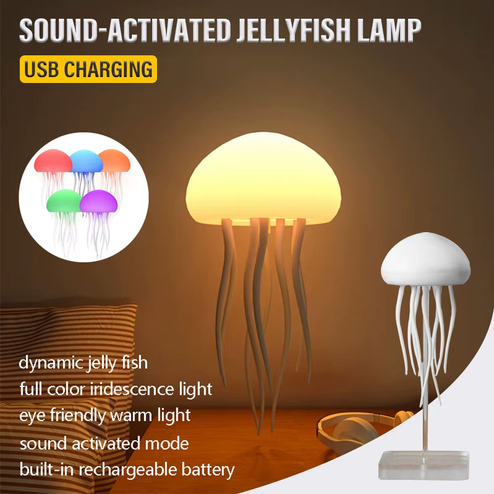 Contemporary Jellyfish Table Lamp - USB Rechargeable, Adjustable Color-Changing LED Night Light with Polished Plastic Base